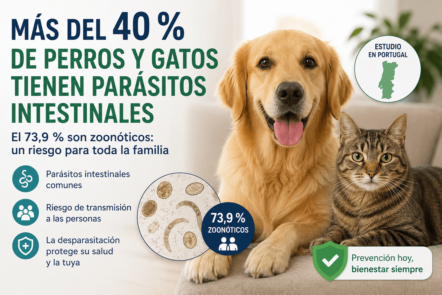 Más del 40 % de perros y gatos presentan parásitos intestinales: un estudio alerta del riesgo de zoonosis y la importancia de la desparasitación
